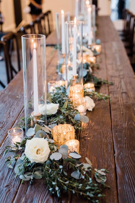 Long And Low Table Arrangement, Outdoor Wedding Decorations Summer Reception Ideas Table Settings, Simple Table Wedding Decor, January Wedding Centerpieces, Rectangular Wedding Table Decor, Wedding Long Table Decorations, Long Wedding Table Decorations, Baby's Breath Centerpiece, Long Table Centerpieces