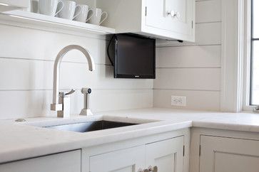 Hideaway Tv Design Ideas, Pictures, Remodel and Decor Shelf Above Sink, Inspirational Kitchens, Shallow Shelf, New England Kitchen, Boot Room Utility, Above Kitchen Sink, Wall Boards, Kitchen Tv, Tv In Kitchen