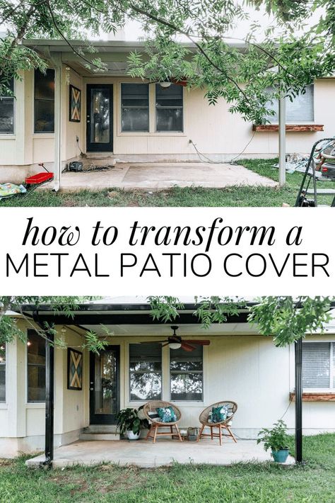 How to transform a metal patio awning. Do you have an ugly patio cover that you want to get rid of? Try painting it! It's cheap and easy to give your patio covering a makeover and you just might fall in love with it! #backyard #patio #backporch Back Porch Awning Covered Patios, Metal Awning Makeover, Metal Awning Patio, Metal Patio Covers, Patio Covering, Aluminum Patio Covers, Front Yard Patio, Porch Awning, Aluminum Awnings