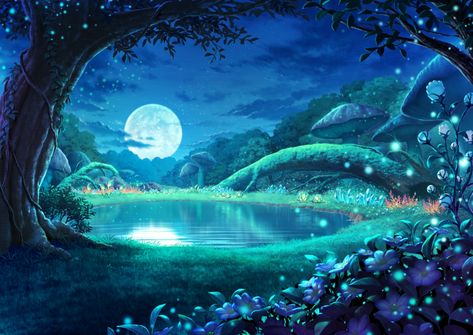 another eden flowers grass kurage (kurakurapix) landscape moon nobody scenic tree water | konachan.net - Konachan.com Anime Wallpapers Fantasy Background Landscape Laptop, Magical Forest Wallpaper Laptop, Luna Anime, Moonlight Forest, Gacha Backgrounds Outside, Night Wallpapers, Anime Houses, Magic Background, Anime Landscape