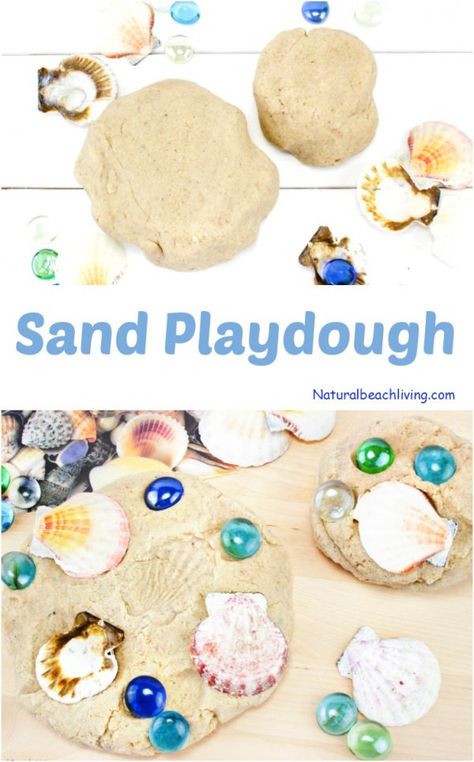 Textured Playdough, Sand Playdough, Playdough Area, Sand Play Dough, Beach Crafts For Kids, Cook Island, Sand Slime, Sensory Tubs, Homemade Playdough Recipe