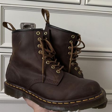 Crazy Horse Brown Dr. Martens Crazy Horse Leather... - Depop vintage combat boots Crazy Horse Doc Martens Outfit, Doc Martens Crazy Horse Outfit, Crazy Horse Doc Martens, Vintage Combat Boots, Dr Martens Crazy Horse, Vintage Brown Lace-up Rugged Boots, Leather Lace Up Boots, Crazy Horse, Lace Up Boots