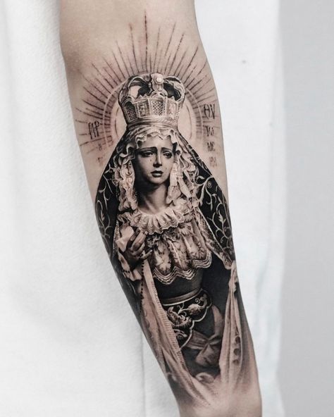 Mens Face Tattoos, Baroque Tattoo, Mother Mary Tattoos, Detailed Tattoos, Catholic Tattoos, Inner Bicep Tattoo, Octopus Tattoo Design, Ancient Tattoo, Half Sleeve Tattoos For Guys