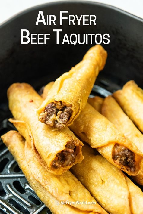 Air Fryer Beef Taquitos or Flautas EASY 30 min recipe Air Fried Flautas, Air Fryer Beef Taquitos, Beef Flautas Recipe, Taquitos Air Fryer, Beef Flautas, Flautas Recipe, Air Fryer Beef, Beef Taquitos, Taquitos Beef