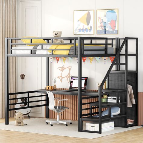 PRICES MAY VARY. [Full Loft Bed with Wardrobe and Staircase] - If your room lacks storage furniture, then buying this loft bed easily solves this problem, because its staircase is equipped with storage functions. At the bottom of the staircase, there is a small built-in wardrobe that can be used to store frequently worn clothes, which is very convenient. [Full Size Loft Bed with Desk] - The full loft bed with a staircase must be a benefit for you to put something in, this metal loft bed is built Loft Bed Storage, Storage Staircase, Full Size Loft Bed, Metal Loft Bed, Loft Bed With Desk, Loft Bed Frame, Bed With Desk, Bed Full, Small Wardrobe