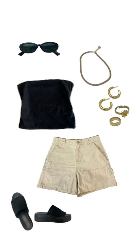 tube top cargo shorts platform sandals gold jewelry summer outfit aesthetic basic cute y2k Sandals Outfit Aesthetic, Platform Sandals Outfit Aesthetic, Platform Sandals Outfit, Summer Outfit Aesthetic, Jewelry Summer, Sandals Outfit, Sandals Gold, Outfit Aesthetic, Outfits Aesthetic