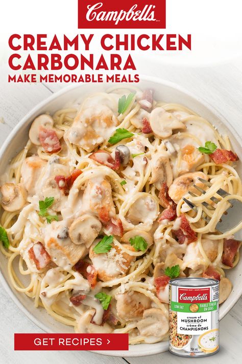 Creamy Chicken Carbonara, Chicken Carbonara Recipe, Campbells Soup Recipes, Campbells Recipes, Chicken Carbonara, Cozy Dinner, Carbonara Recipe, Campbell Soup, Supper Recipes