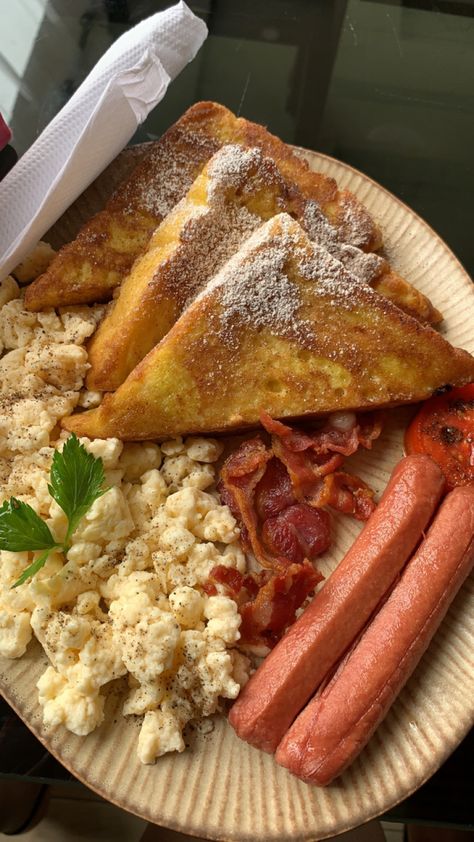 French toast, bacon, scrambled eggs, sausage Sausage And Scrambled Eggs, French Toast Bacon, Toast Bacon, Bacon Sausage, Egg Toast, Sausage And Egg, Food Inspo, Scrambled Eggs, Glass Of Milk