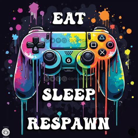 Discover a vibrant video game controller design featuring playful paint effects and the phrase "Eat Sleep Respawn." Perfect for gamers looking to express their passion in style! #EatSleepRespawn #GamingArt #GamerLifestyle Controller Design, Gaming Merchandise, Video Game Controller, Paint Effects, Merchandising Displays, Gaming Gear, Gaming Console, Game Controller, Vinyl Projects