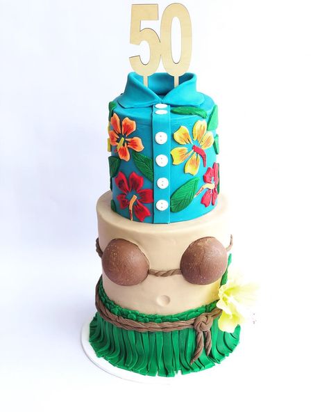 Hula girl Hawaiian shirt cake Hawaiian Cake Ideas For Men, Hawaiian Shirt Cake, Tiki Theme Cake, Hawaii Cake Ideas Hawaiian Birthday, Hawaiian 18th Birthday Cake, Hawaiian Party Cake, Bachelor Party Cakes, Girls Hawaiian Shirt, Tiki Cake