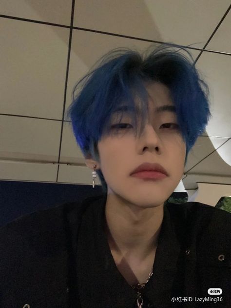 Boy With Dyed Hair, Boys With Dyed Hair, Mens Blue Hair, Boys Blue Hair, Boys Colored Hair, Dark Blue Hair, Korean Picture, Men Hair Color, Cute Asian Guys