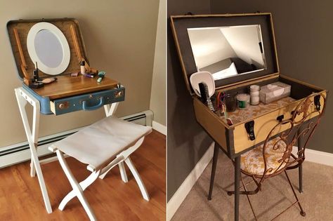 Corner Vanity Bedroom, Diy Vanity Table, Small Vanity Table, Ikea Lack Shelves, Suitcase Decor, Recycled Door, Vanity Tables, Vanity Bedroom, Ikea Shelves