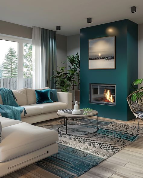 Teal Living Room Paint Color Ideas, Living Room Inspiration Teal, Torquise And Grey Living Room, Color Palette Interior Design Living Room, Teal Farmhouse Living Room, Colourful Lounge Ideas, Teal And Burnt Orange Living Room, Sitting Room Paint Ideas, Dark Teal Living Room Color Scheme