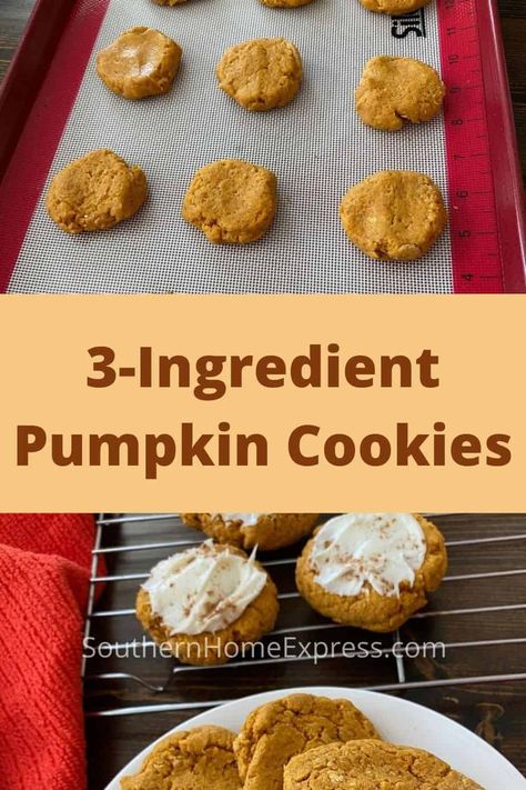 These 3-ingredient pumpkin cookies are a delicious fall treat. Make a couple of batches and watch how quickly they disappear! #pumpkincookiesrecipe #easypumpkincookies #3ingredientcookiesrecipe Sweetened Condensed Milk Cheesecake, Pumpkin Cake Mix Cookies, 3 Ingredient Pumpkin, Pumpkin Cookies Recipe, Pumpkin Cookies Easy, 3 Ingredient Cookies, Pumpkin Cookie Recipe, Pumpkin Pie Smoothie, Cinnamon Muffins