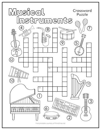 Help kids learn more about musical instruments with this free printable crossword puzzle. Our crosswords provide spelling and language practice – and when they’re done, it doubles as a coloring sheet! Music Crossword Free Printable, 3rd Grade Music Activities, Piano Worksheets For Kids Free Printable, Music Worksheets For Kids Printables, Music Crossword, Music Class Worksheets, Music Coloring Sheets, Free Printable Crossword Puzzles, Piano Worksheets