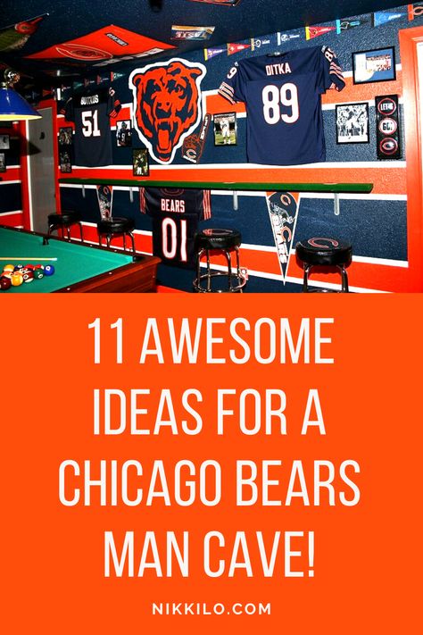 Today, I’m sharing 11 ideas for building and decorating your Chicago Bears themed man cave to help you turn your space into the perfect place for watching games and hosting tailgate parties. I’m sharing a variety of ideas based around decor, furniture, layout, wall paint, flooring, and more, so this article is a great jumping off point if you’re just getting started and looking for inspiration. Tap or click to keep reading! Chicago Bears Man Cave Ideas, Sports Themed Room Man Cave, Chicago Bears Room, Man Cave Names, Chicago Bears Man Cave, Man Cave Ideas Sports, Sports Room Man Cave, Garage Paint Colors, Basement Sports Bar