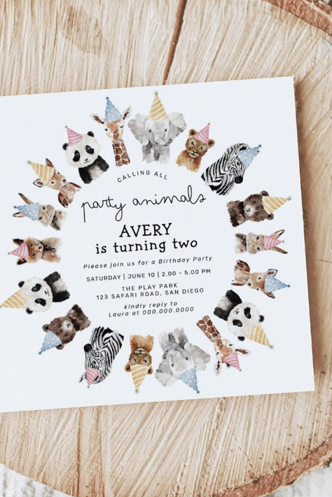 Party Animals Child Birthday Party Invitation Animals With Party Hats, Party Animals Birthday, Second Birthday Boys, Animals Birthday Invitation, Unique Birthday Invitations, Animal Birthday Invitation, Fun Wreath, Animals Birthday, Birthday Themes For Boys