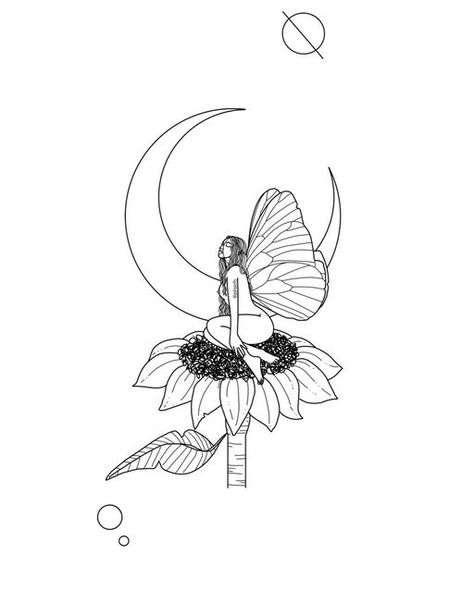 Astroaurts on Instagram: "check out the reel I made of this drawing in my last post 😏 #blackandwhite #fineline #illustration #artwork #sunflowers #spaceart #fairy" Fairy And Sun Tattoo, Sun Fairy Tattoo, Sunflower Fairy Tattoo, Witchy Sunflower Tattoo, Sunflower Fairy Art, Sunflower Fairy, Basic Tattoos, Sunflower Tattoo, Bible Stuff