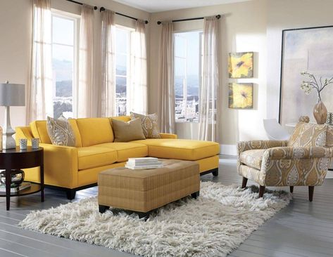 yellow couch at the center of living room - Decoist Yellow Living Room Furniture, Yellow Couch, Jonathan Louis, Living Room Furniture Arrangement, Yellow Living Room, Ottoman In Living Room, Blue Living Room, Contemporary Sofa, Living Room Sectional