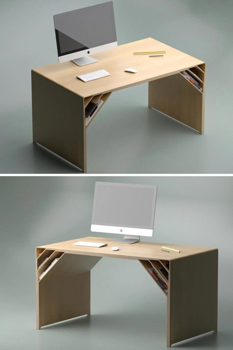 The idea of conceptual designer Deniz Aktay is only a rendering of how a plywood table can be made interesting and multifunctional. The Nook desk right from its appearance and thereafter, has a story of material molding, matte finish, and a simple idea that’s still more than an ordinary desk. The Nook desk surface, and nifty selves at the edges, hold key to the table’s idea of maximizing productivity with minimalistic use of material. Nook Desk, Mobile Furniture, Plywood Table, Creative Desks, Reading Table, Chair Designs, Led Tube Light, Desk Ideas, Tube Light