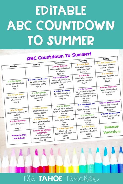 Enjoy the last 26 days of school with your pre-k, kindergarten, or 1st grade students with an ABC countdown to summer. This free end of the year countdown is editable and includes a parent letter. Abc Countdown To Summer, Classroom Countdown, Abc Countdown, School Countdown, Countdown To Summer, Recess Time, Summer Kindergarten, Abc School, Miss Kindergarten