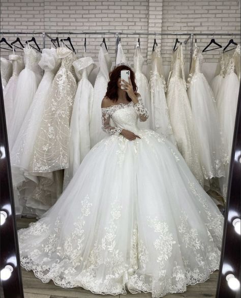 Cinderella Wedding Dress With Sleeves, Glittery Ballgown Wedding Dresses, Ballgown Dress With Sleeves, Big Long Sleeve Wedding Dress, Ballgown Wedding Dress With Train, Wedding Dresses Long Puffy, Wedding Dresses Corset Top Long Sleeve, Poofy Lace Wedding Dress, Fluffy Wedding Dress Princesses