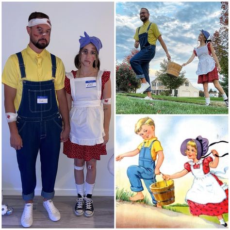 Nursery Rhymes Halloween Costumes, Rhyme Halloween Costumes, Jack And Jill Outfit Ideas, Nursery Rhyme Halloween Costumes, Jack And Jill Halloween Costume, Jack And Jill Costume Couple, Jack And Jill Costume, Nursery Rhyme Costumes, Nursery Rhyme Costume