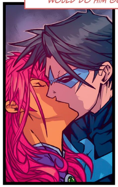 Nightwing and Starfire kissing Starfire Fanart, Titans Rebirth, Nightwing Wallpaper, Starfire Comics, Nightwing And Batgirl, Robin Starfire, Teen Titans Love, Nightwing And Starfire, Original Teen Titans