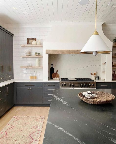 Stove Alcove Round Up - Farmhouse Living Stove Alcove, Marble Kitchen Island, Soapstone Countertops, Kitchen Hoods, Kitchen Stove, Grey Kitchen Cabinets, Grey Cabinets, Kitchen Marble, Tiny Kitchen