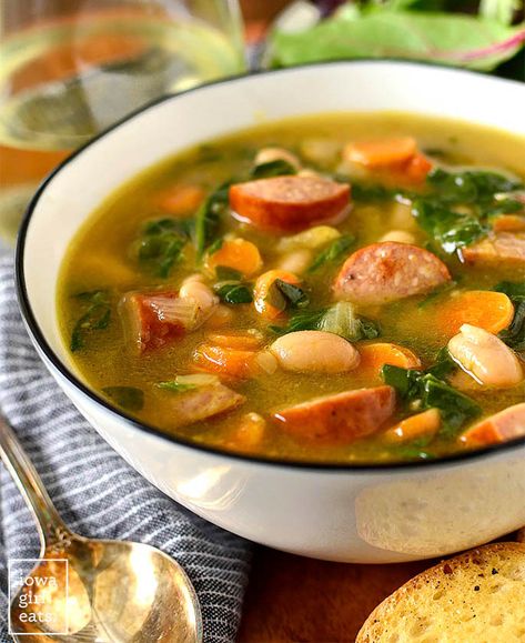 Bowl of Smoked Sausage, White Bean and Spinach Soup Df Soup, Kale Soup Recipes, Cooking Stuff, Northern Beans, Iowa Girl Eats, Spinach Soup, Kale Soup, Sausage Soup, Great Northern Beans