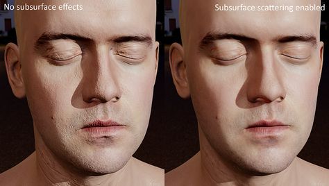 Comparison of rendering a human face with and without subsurface scattering (Larger version) Subsurface Scattering Face, Eye Rendering, Subsurface Scattering, Human Face, Male Sketch, Human, Skin, High Quality