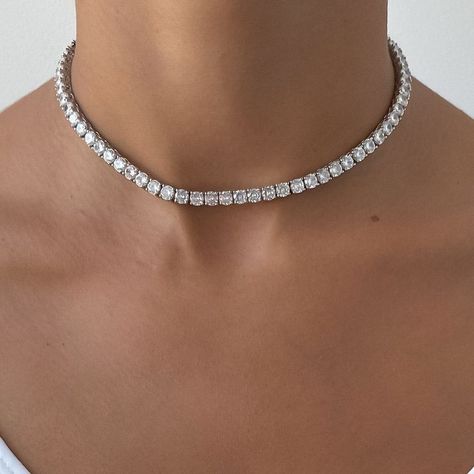 Silver Prom Jewelry, Tennis Choker Necklace, Formal Jewelry, Silver Diamond Necklace, Diamond Tennis Necklace, Choker Chain, Tennis Chain, Diamond Necklace Set, Diamond Choker