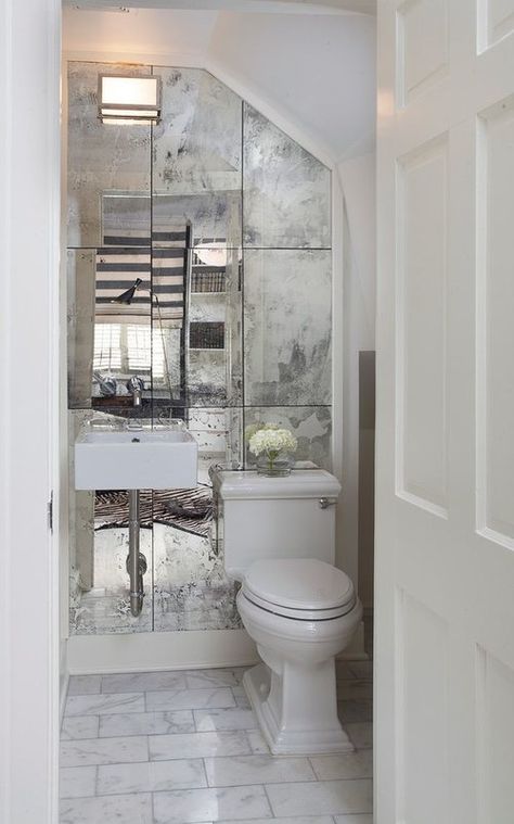 Powder Room Decorating Ideas, Antique Mirror Tiles, Bathroom Mirror Makeover, Powder Room Sink, Mirror Makeover, Powder Room Decor, Powder Room Small, Powder Room Design, Bad Inspiration