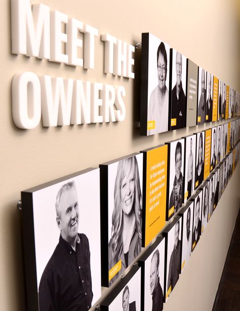 Employee Photo Wall Display, Meet Our Team Bulletin Board Ideas, Degree Wall Display Office, Branding Wall Design, Staff Photo Wall, Wall Of Fame Ideas Offices, Corporate Office Wall Graphics, Employee Photo Wall, Office Entry Design