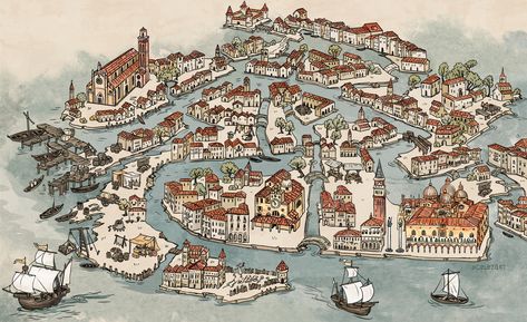 ArtStation - Map of medieval Venice, Oleg Seleznev Medieval Venice, Medieval Map, Map Of Venice, The Try Guys, Venice Map, Rpg World, Try Guys, San Giacomo, Here Be Dragons