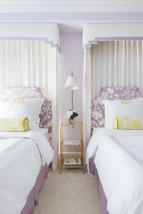 Yellow Girl Bedroom, Grandmillenial Girls Bedroom, Lavender And Blue Bedroom, Lavender And Yellow Bedroom, Lavender Headboard, Purple Accent Bedroom, Matching Twin Beds, Light Purple Bedroom Ideas, Wall Decor Bedroom Aesthetic