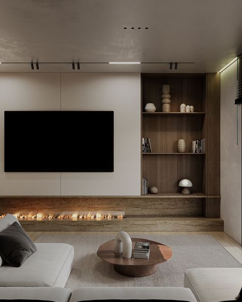 Madinaty – New Cairo | TMG Organic Tv Wall, Tv Zone Interior Design, Tv Wall Fireplace, Tv Fireplace Wall, New Cairo, Fireplace Tv Wall, Floor Texture, Luxury House Interior Design, Tv Decor