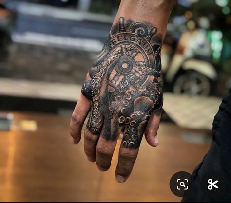 Octopus Hand Tattoos For Guys, Hand Octopus Tattoo, Nautical Hand Tattoos For Guys, Ocean Themed Hand Tattoos, Octopus Tattoos Hand, Sea Hand Tattoo, Nautical Hand Tattoo, Octopus Wrist Tattoo, Kraken Hand Tattoo