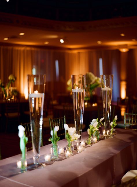 Glass Trumpet Vases With Candles Reception Decor Candle Reception Decor, Trumpet Vase Centerpiece, Kate Murphy, Candles Reception, Brides Room, Enchanted Florist, Fluted Vase, Decor Photography, Wedding Floral Centerpieces