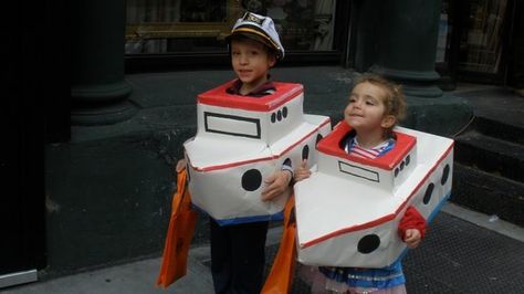 Ahoy There, Matey!: Your kids will sail into Halloween in a cardboard box boat. Check out the easy tutorial from Projects by Carm that shares all you need to pull off this fun costume. Cardboard Box Boat, Boat Costume, Cardboard Box Boats, Cardboard Box Costume, Boxing Halloween Costume, Kids Boat, Cardboard Boat, Best Halloween Costumes Ever, Halloween Costumes To Make