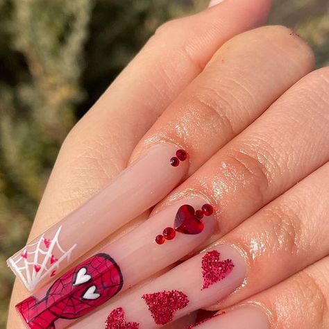 Daisy on Instagram: "When I saw these I knew I had to recreate it 😭😍 Inspo: @rubythenailfairy 🤍 #nailsofinstagram #nailsoftheday #longnails #aznailtech #aznails #nailinspo #nailinspiration #rednails #nailart #nailartist #explorepage" Spiderman Acrylic Nails, Spiderman Nails, Super Cute Nails, Red Valentine, Romantic Nails, Long Acrylic Nail Designs, Grunge Nails, Simple Acrylic Nails, Short Square Acrylic Nails