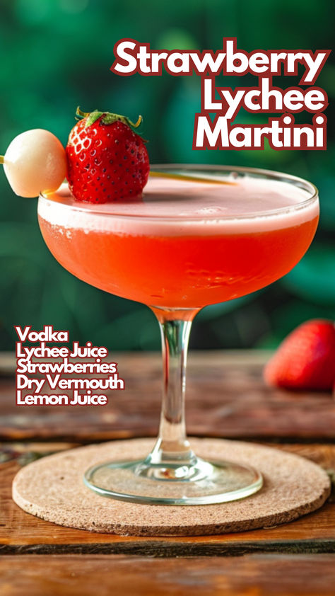 Strawberry Lychee Martini Lychee Strawberry Cocktail, Lychee Cocktail Recipe, Lychee Drinks Cocktails, Martini Lychee, Pink Lychee Martini, Vermouth Drinks, Lychee Elderflower Martini, Strawberry Cocktail Recipe, Lychee Cocktail