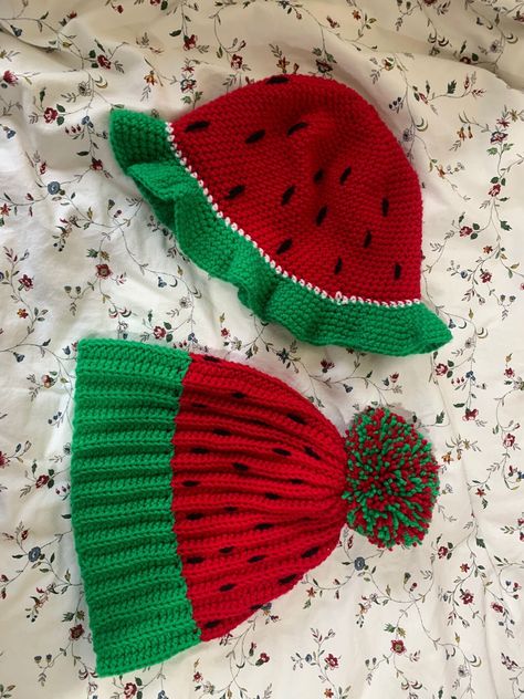 "Made to order Crochet Watermelon Hat, Two different styles, 1. Sun Hat 2. Beanie  Sizing; Small - 20\", Medium - 21.5\", Large - 23\", Message me for any other sizes Made with Premium Acrylic Yarn, if you would like any different kind of colour combinations, please feel free to message me." Watermelon Bucket Hat Crochet, Crochet Watermelon, Kinds Of Colors, Colour Combinations, Skull Cap Beanie, Skull Cap, Yarn Colors, Sun Hat, Acrylic Yarn