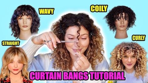 Diy Curtain Bangs Curly Hair, How To Do Bangs With Curly Hair, How To Cut Bangs On Curly Hair, How To Cut Curly Hair Bangs, Diy Curly Bangs, How To Cut Bangs For Curly Hair, How To Cut Curly Bangs, Curly Hair Curtain Fringe, Naturally Curly Curtain Bangs