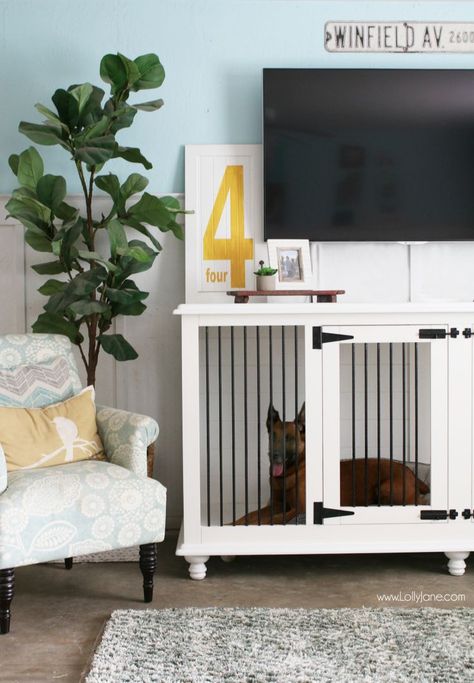 Love this dog furniture crate! This trendy tv stand doubles as a wood farmhouse dog kennel! Such cute decor with the barn style doors, stylish dog furniture! Dog Crate Furniture Living Room, Reptile Diy, Doggie Beds, Crate Tv Stand, Kennel Furniture, Yellow Decor Living Room, Dog Kennel Furniture, Dog Crates, Diy Tv Stand