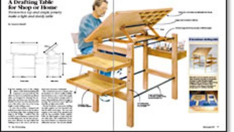 Cameron Russell knockdown drafting table makes a good beginner’s project. The table is comfortable to use, and has accessory trays that attach to the legs for easy access. The construction process is simple, and the hardware is readily available. The torsion-box top is rigid and dead flat, yet light and portable. Multiple drawings help show the construction details.From Fine Woodworking #123 Design Desks, Drawing Desk, Woodworking Projects Furniture, Drafting Table, Drawing Table, Woodworking Joints, Woodworking Table, Diy Holz, Popular Woodworking