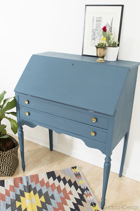 Blue Desks, Diy Desk Makeover, Annie Sloan Aubusson Blue, Painted Desks, Bolton House, Secretary Desk Makeover, Craft Room Desk, Aubusson Blue, Diy Modern Furniture