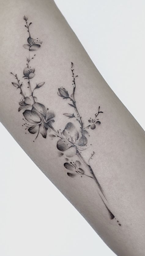 Cherry Blossom Tattoo Minimalist, Fine Line Cherry Blossom Tattoo, Nina Tattoo, Wisteria Tattoo, Tree Tattoo Black, Black Flowers Tattoo, Cherry Blossom Tree Tattoo, Flower Of Life Tattoo, Tiny Flower Tattoos