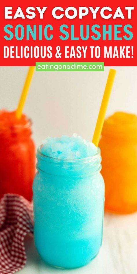 These Homemade Copycat Sonic Slushes is perfect for the summer. They are loaded with flavor and easy to make. Simple ingredients make these tasty. With the excitement of summertime upon us, reward the kids with their favorite slush. All you need is 4 simple ingredients to make sonic slushies at home. #eatingonadime #copycatsonicslushes #sonicslushes Fun Things To Do At Home For 4th Of July, Slush Recipes Non Alcohol, Slushes Recipes, Coke Slushie Recipe, Diy Drinks Alcohol, Boozy Slushies, Drinks Nonalcoholic Easy, Slushy Alcohol Drinks, Slushy Recipes