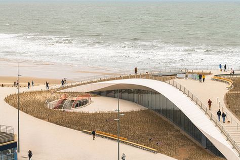 latticed SILT middelkerke venue officially opens on belgian coast Sport Centre Architecture, Architecture On Water, Tennis Club House, Canada Project, Water Architecture, Flanders Belgium, Wooden Facade, India Architecture, Timber Architecture